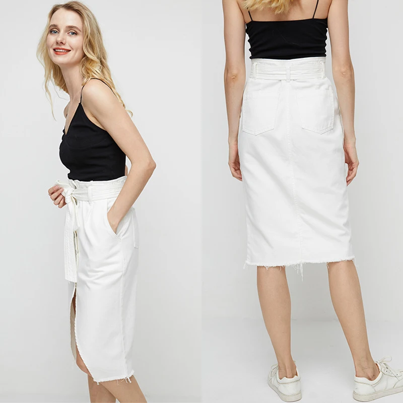 Falda vaquera asimétrica para mujer, cinturón elegante con cordones, botonadura única, abertura Midi, cintura alta, calle blanca, Verano