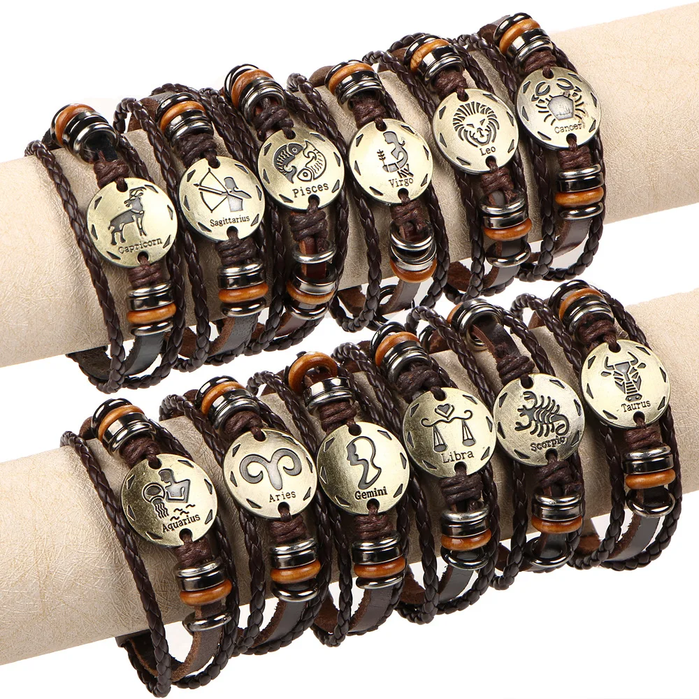 60Pcs/Lot 12 Constellation Zodiac Braided Brown Leather Bracelets Bangles For Men Women Punk Aries Leo Libra Jewelry Wholesale