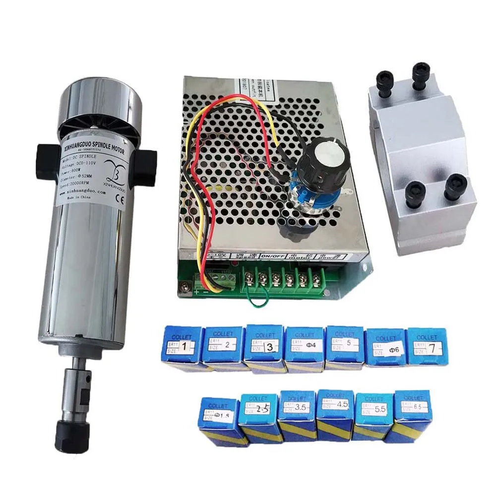 Refrigerado a ar do Eixo do Motor e Fonte de Alimentação Ajustável 52 Milímetros Grampos Er11 13 Pcs Er16 10 Pcs Dc110v 800w 20000rpm Cnc 0.8kw