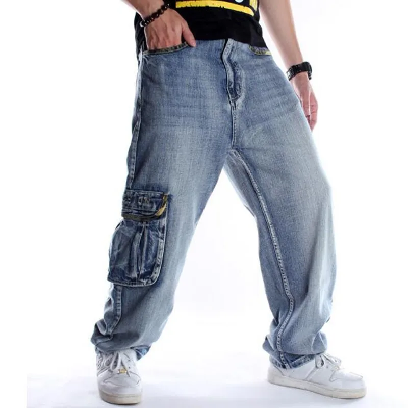 Baggy Style Men's Jeans HipHop Loose Big Pocket Boys Skateboard Rap Punk Distressed Blue Cowboy Trousers Plus Size 46