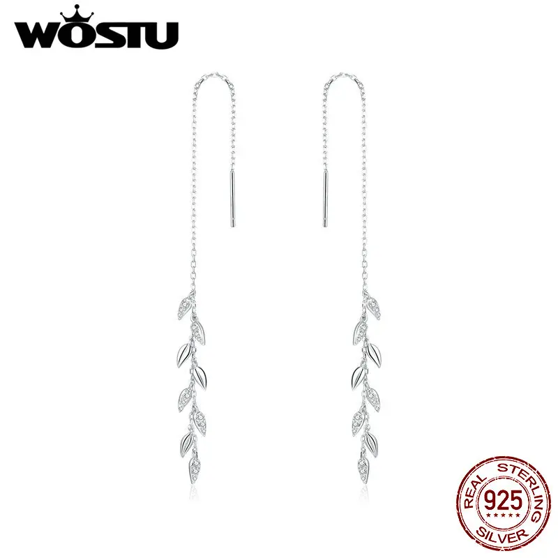 WOSTU Drop Earrings 925 Sterling Silver Shiny Zircon Chain Link Wheat Design Long Earrings For Women Jewelry CTE447