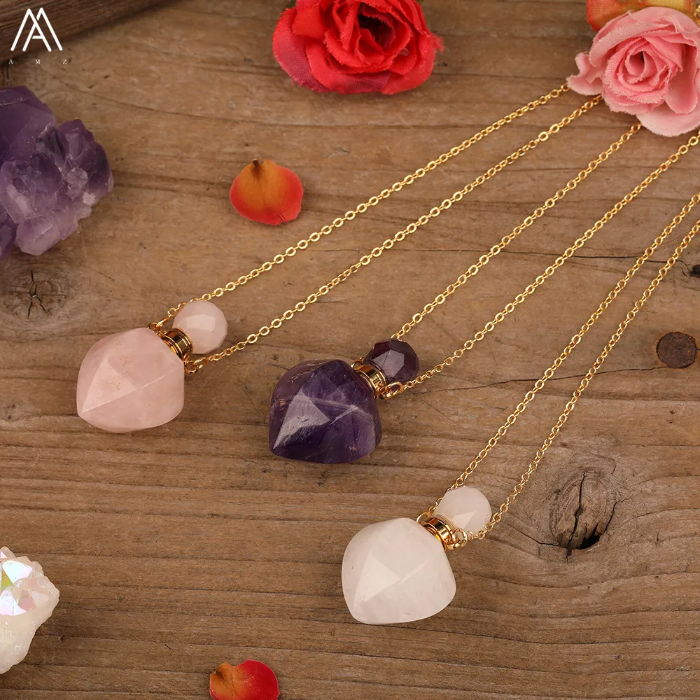 Natural White Jades Roses Amethysts Quartz Heart Shape Perfume Bottle Pendant Necklace Elegant Women Essential Oil Vial Jewelry image 4