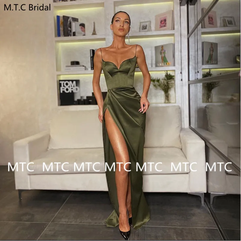 High Slit Long Sexy Prom Dresses 2021 Backless Spaghetti Straps Satin Formal Occasion Women Prom Party Gowns Custom Made
