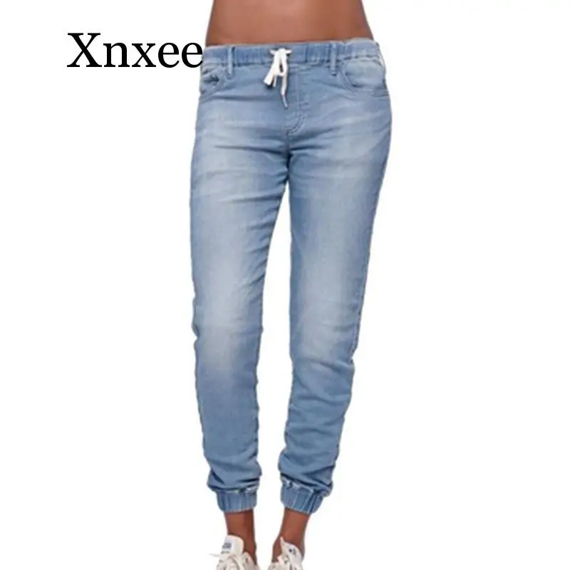 

Spring Washed Jeans Women Solid Drawstring Straight Jeans Pants Femme Summer Fashion Vintage Slim Feet Denim Pants drawstring