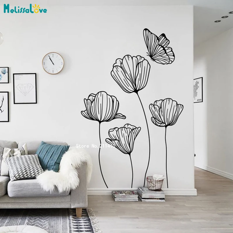 Poppies and Butterfly Flower Luxury Wall Stickers Home Living Room Decor Accent Nature Minimalist Gift Removable YT6205
