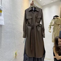 Autumn Vintage Women Long Faux Leather Coat With Sashes Coffee Color Black Apricot Gray Green Loose Long Sleeve Female Outwear