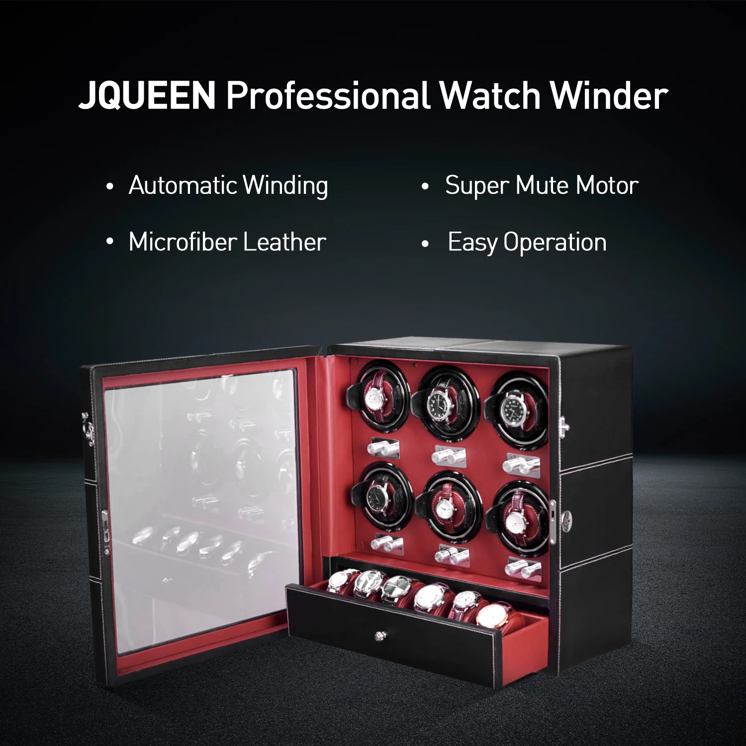 10 Modes AAA Quality Microfiber Black Watch Winder with Quiet Motors 6+6 Storage Red PU Leather Interior AC Adapter