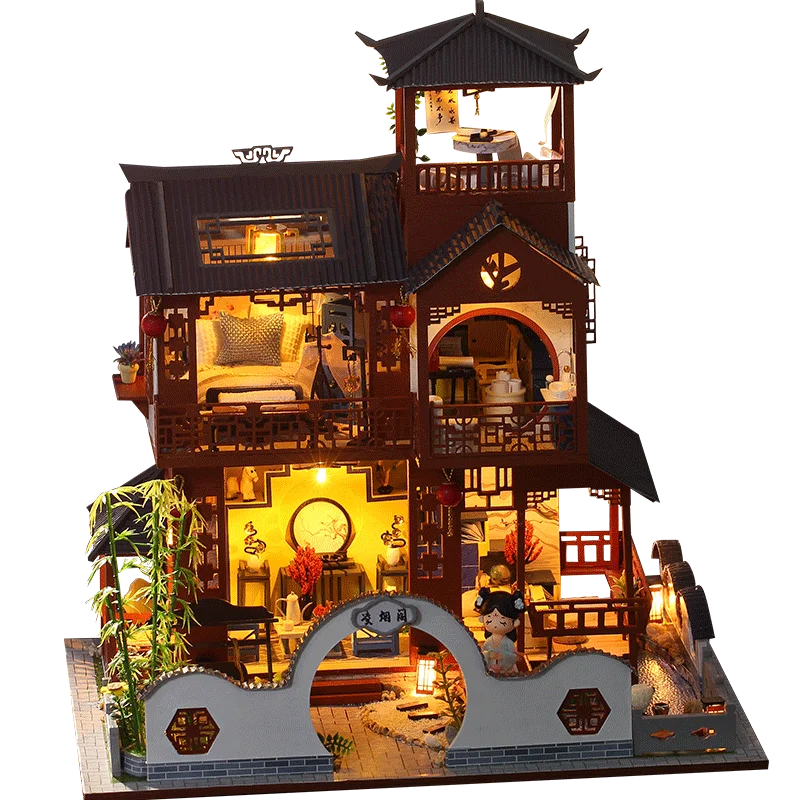 Kids Toys Dollhouse with Furniture Assemble Wooden Miniature Doll House Smokey Pavillion Diy Dollhouse Puzzle Toys For Children