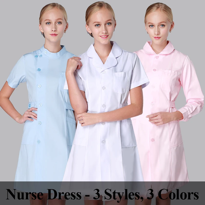 

White Women Dress Nurse Working Uniform Workwear Healthcare Gown Polyester Cotton Solid Color Long Scrub Dresses