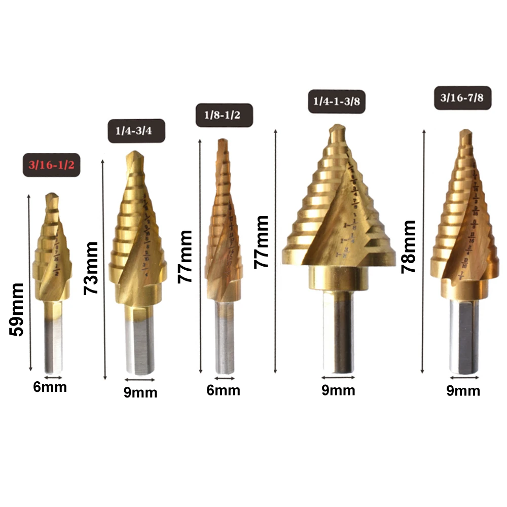 Conjunto de broca de paso 1-3/8 "-3/16" HSS, 5 uds., cono escalonado recubierto de titanio, juego de brocas para Metal, madera, acero, Plástico