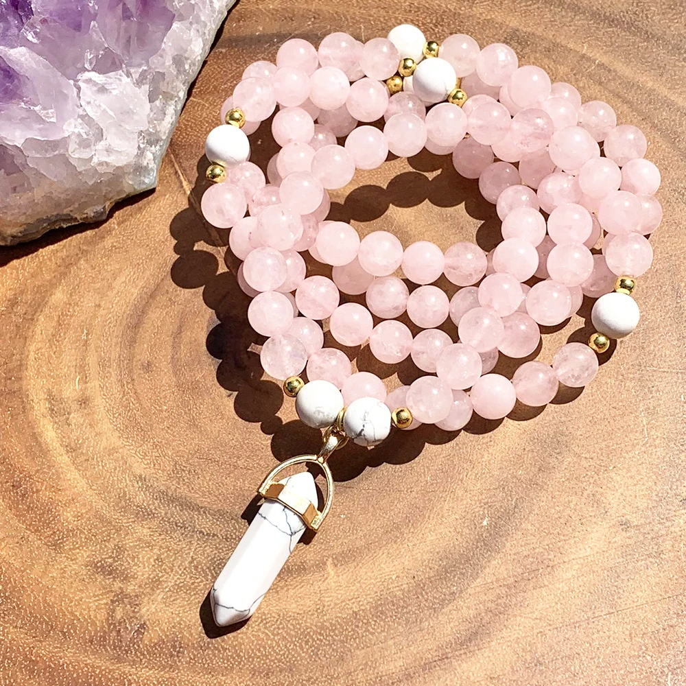 ST0372 Rose Quarz & Howlite Wrapping Mala Bracelet Women`s 108 Mala Yoga Necklace Feminine Goddess Yoga Meditation Necklace