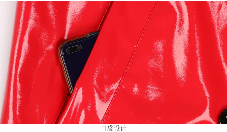 Nerazzurri Autumn Extra Long Soft Red Reflective Shiny Patent Leather Trench Coat for Women Double Breasted Maxi Korean Fashion