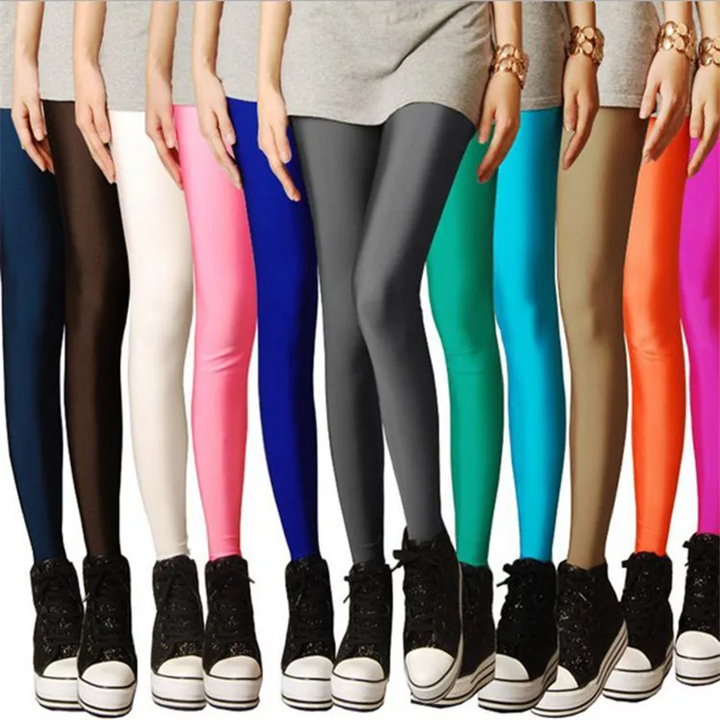 VISNXGI Women Solid Color Pants Leggings Shinny Elasticity Casual Trousers Fluorescent Spandex Candy Ankle-Length Knitted Bottom