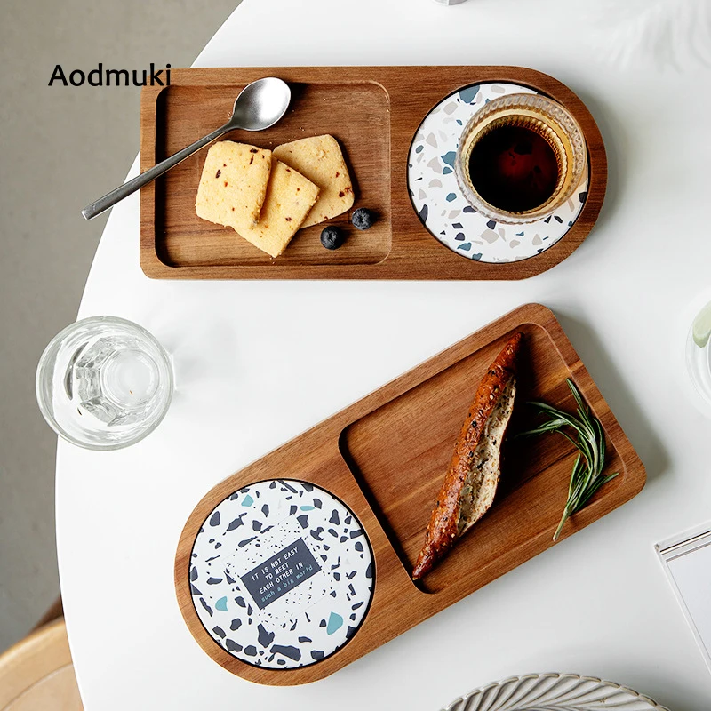 

Japanese-Style Wooden Tray with Diatom Mud Coaster Creative Cooking Plate Retro Pastry Dessert Dish Storage Tray Water Cup Plate