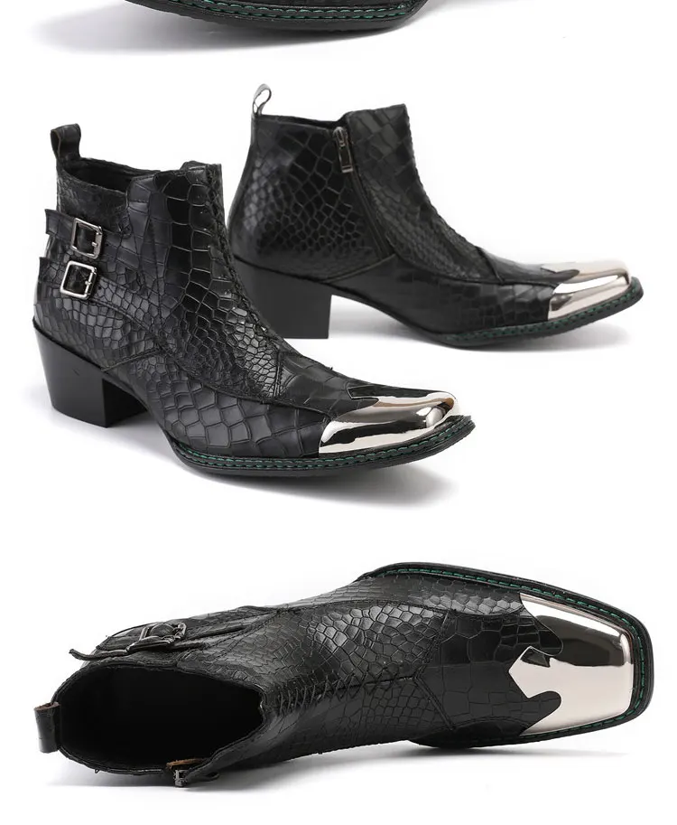 Men's Cowhide Serpentine Print Metal Decor Pointed Toe Belt High‑Heel Short Boots Western Cowboy Boots For Stage Show Party