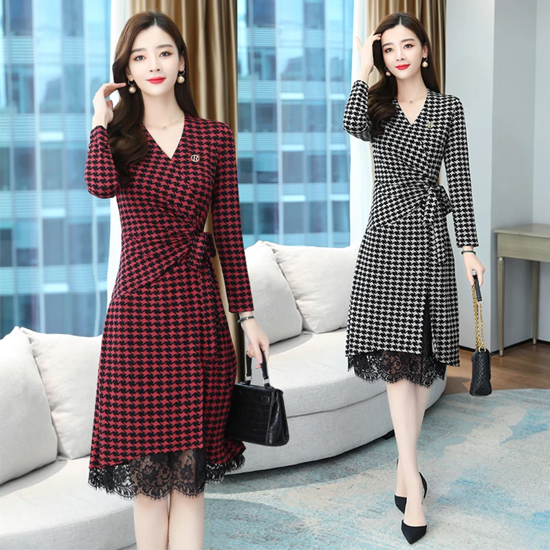 

2022 Vintage Houndstooth Plaid Midi Dress Autumn Winter Office Lady Chic Prom Dress Elegant Women Bodycon Party Evening Vestidos