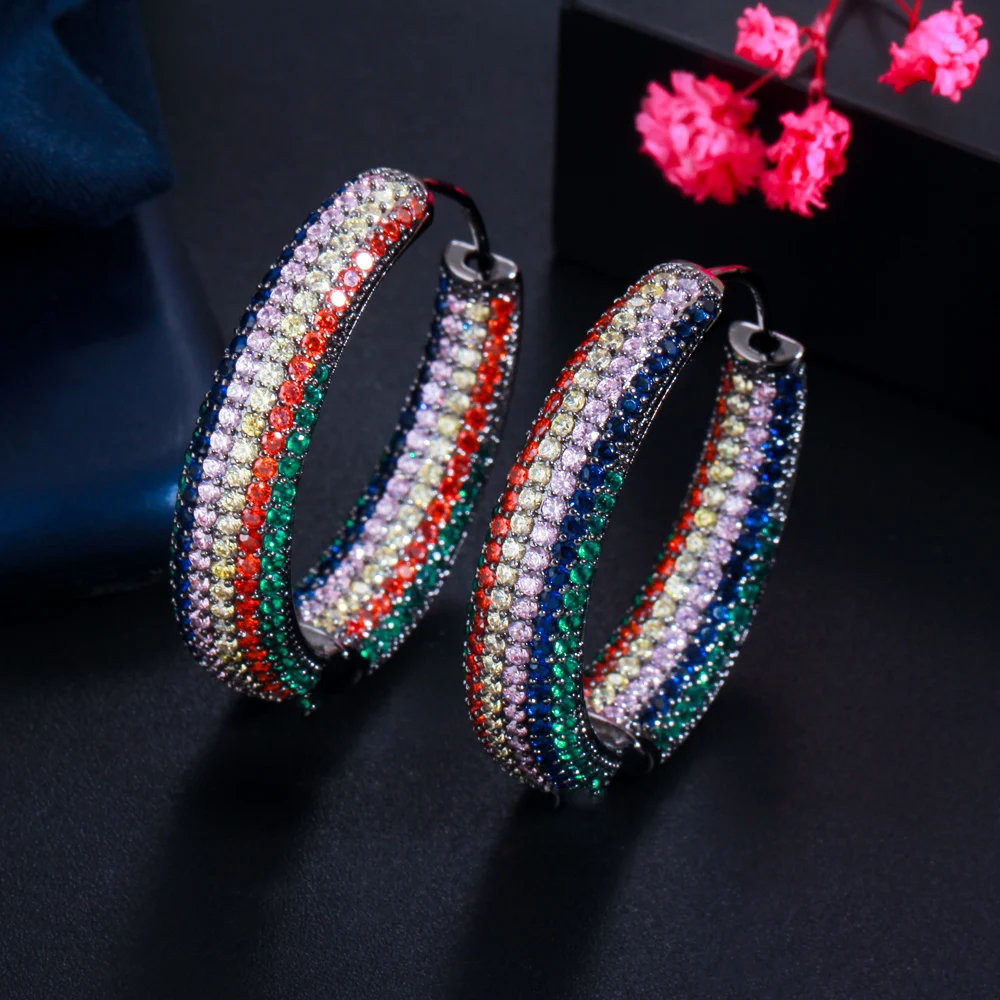 

CWWZircons Black Gold Color Blue Red CZ Pave Setting Round Large Hoop Earrings for Women Statement Party Wedding Jewelry CZ832