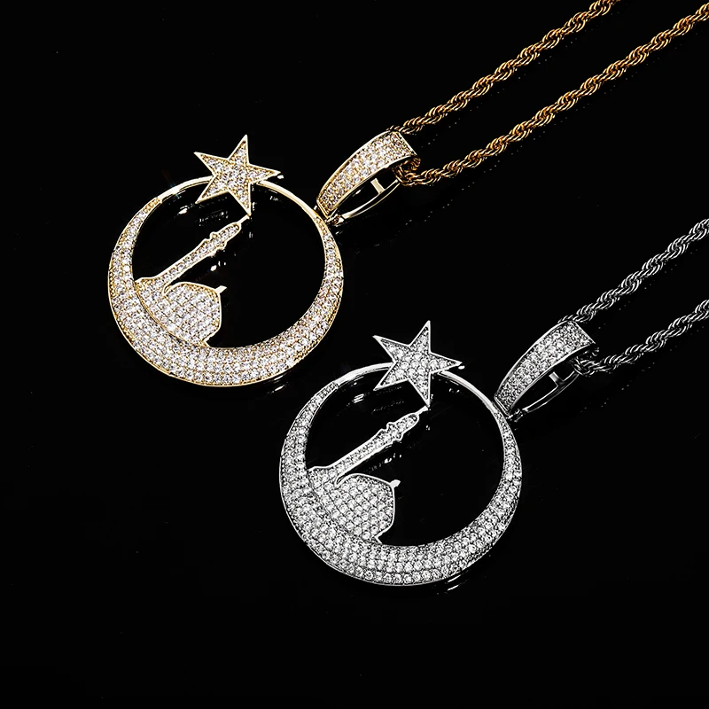 2021 New Top Luxury Gold Silver color Star Castle Iced Out Cubic Zirconia Pendant Necklace Hip Hop Fashion Jewelry Women Gift