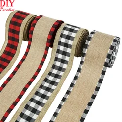 Red White Christmas Ribbon Wide Burlap Jute Grosgrain Tape Grid Print Wired Ribbons for Wed Decor Packaging Xmas Gift Wrapping