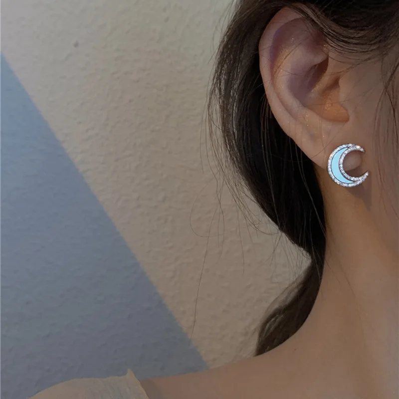 LIVVY Silver Color Shell Moon Zircon Stud Earrings Female Fashion Retro French Romantic Lovely Handmade Jewelry