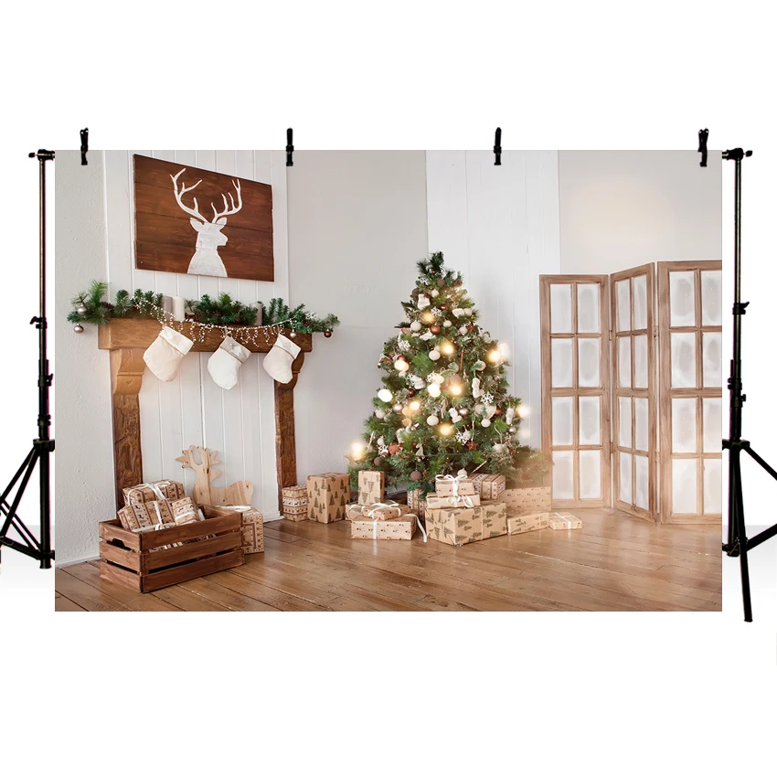 

Mehofond X-mas Backdrop Christmas Tree Gift Wooden Floor Screen White Sock Decoration Photography Background for Photobooth