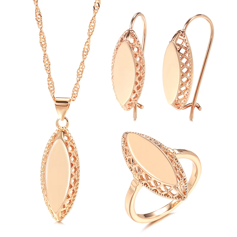 Kinel Hot Fashion Glossy Necklace Earrings Ring for Women 585 Rose Gold Simple Weaving Rhombus Ethnic Bride Wedding Jewelry Sets