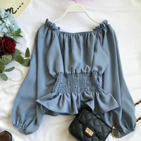 Youth Elegant Blouse Women Chiffon Fashion Blouse Off Shoulder White Shirt Ruffle Puff Sleeve Top Office wear 2022 2