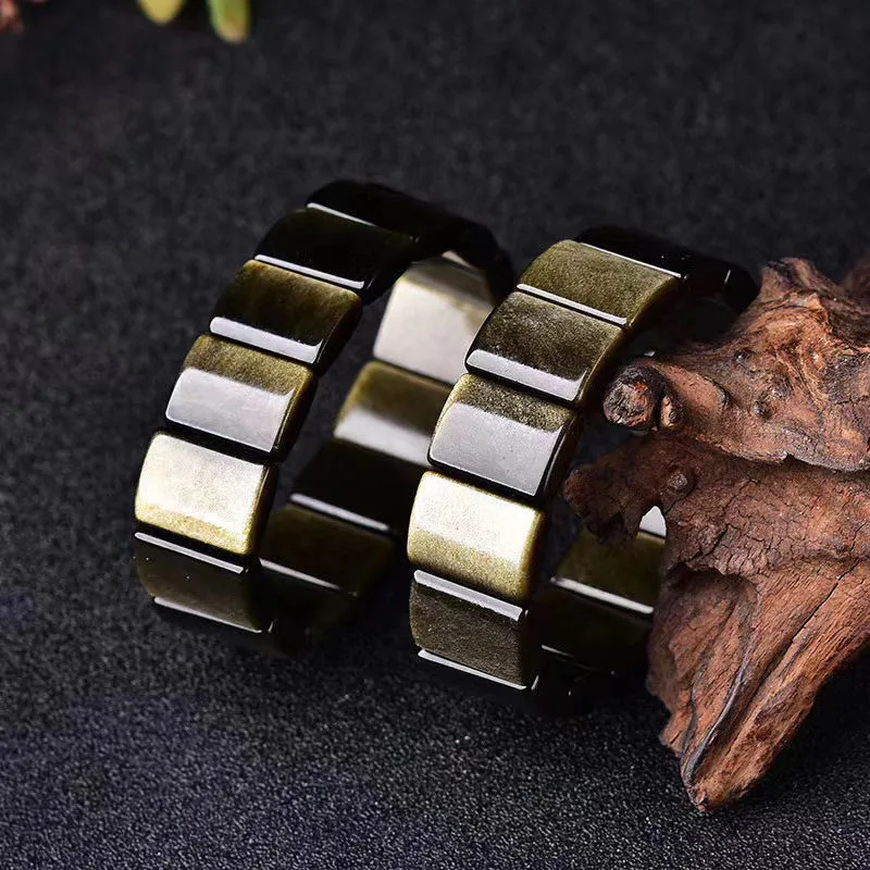 Natural Gold Obsidian Flash Bracelet Obsidian Rectangle Beads 18x10mm Women Stretch Gemstone Fashion Rare Bangle AAAAA