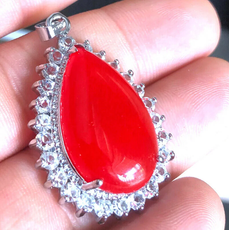 Silver Plate RED JADE Pendant Cabochon Diamond Imitation with chain 15x25mm