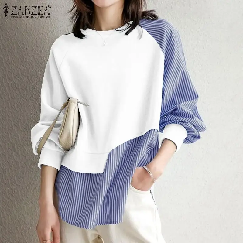 Women Casual Long Sleeve Striped Patchwork Pullovers ZANZEA Elegant O Neck Print Hoodies Loose Irregular Sweatshirts Oversized