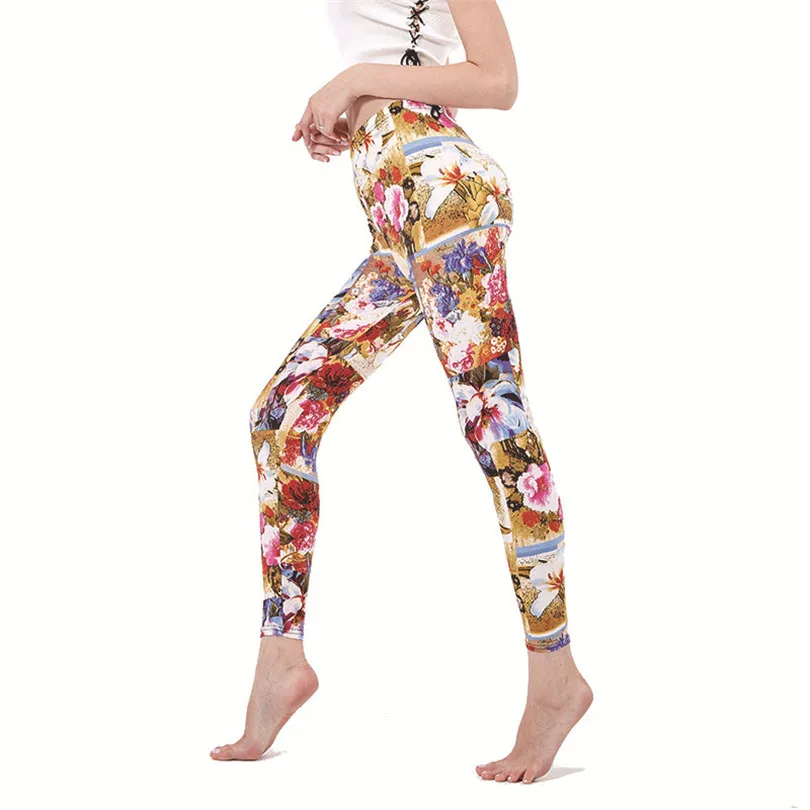 VISNXGI Graffiti Leggings Floral Print Patterned Women Cartoon Push Up Workout Elastic Waist Fitness Pants Polyester Trousers