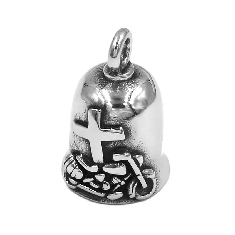 Skull Biker One Percent 1% er Bell Pendant Stainless Steel Number 13 Wings Cross Gift P0506A (Has steel ball, no bell sound)