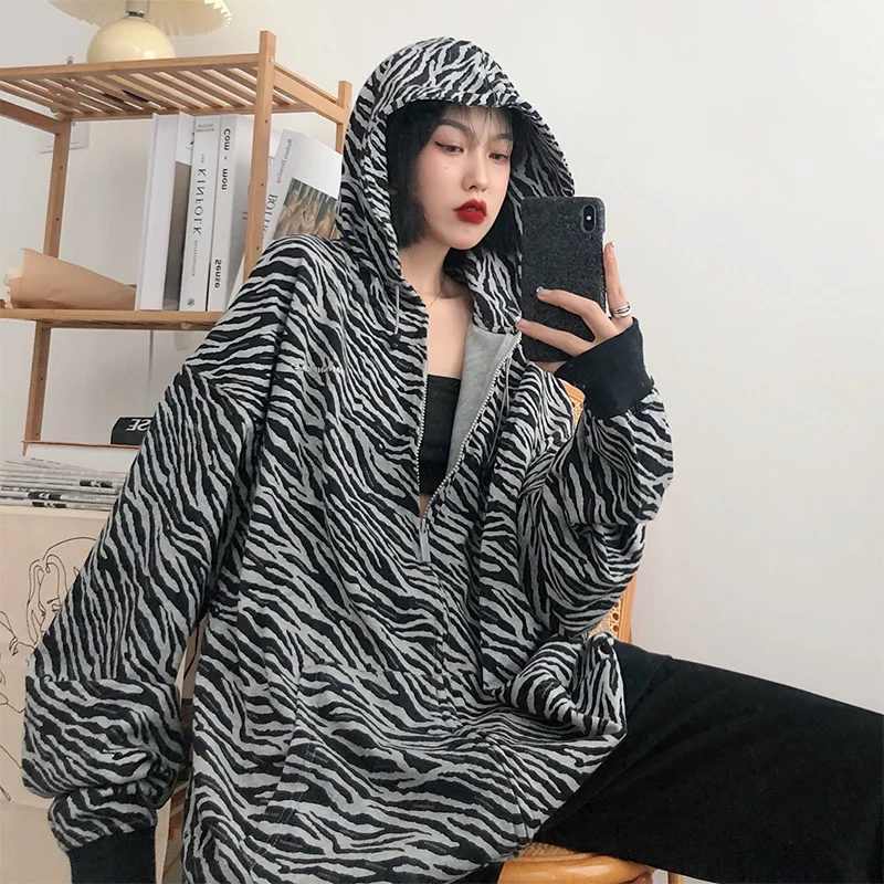 Hoodie Women\'s Spring And Autumn Thin Loose Korean Style Zebra Print Long Sleeve Jacket Lazy Cardigan Sweatshirt