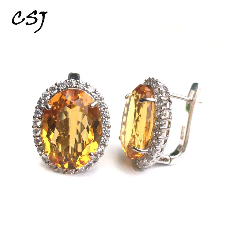 CSJ Citrine quartz gemstone noble Earring Sterling 925 Silver oval12*16mm 18Ct Fine Jewelry For Women Lady or mother Gift Box