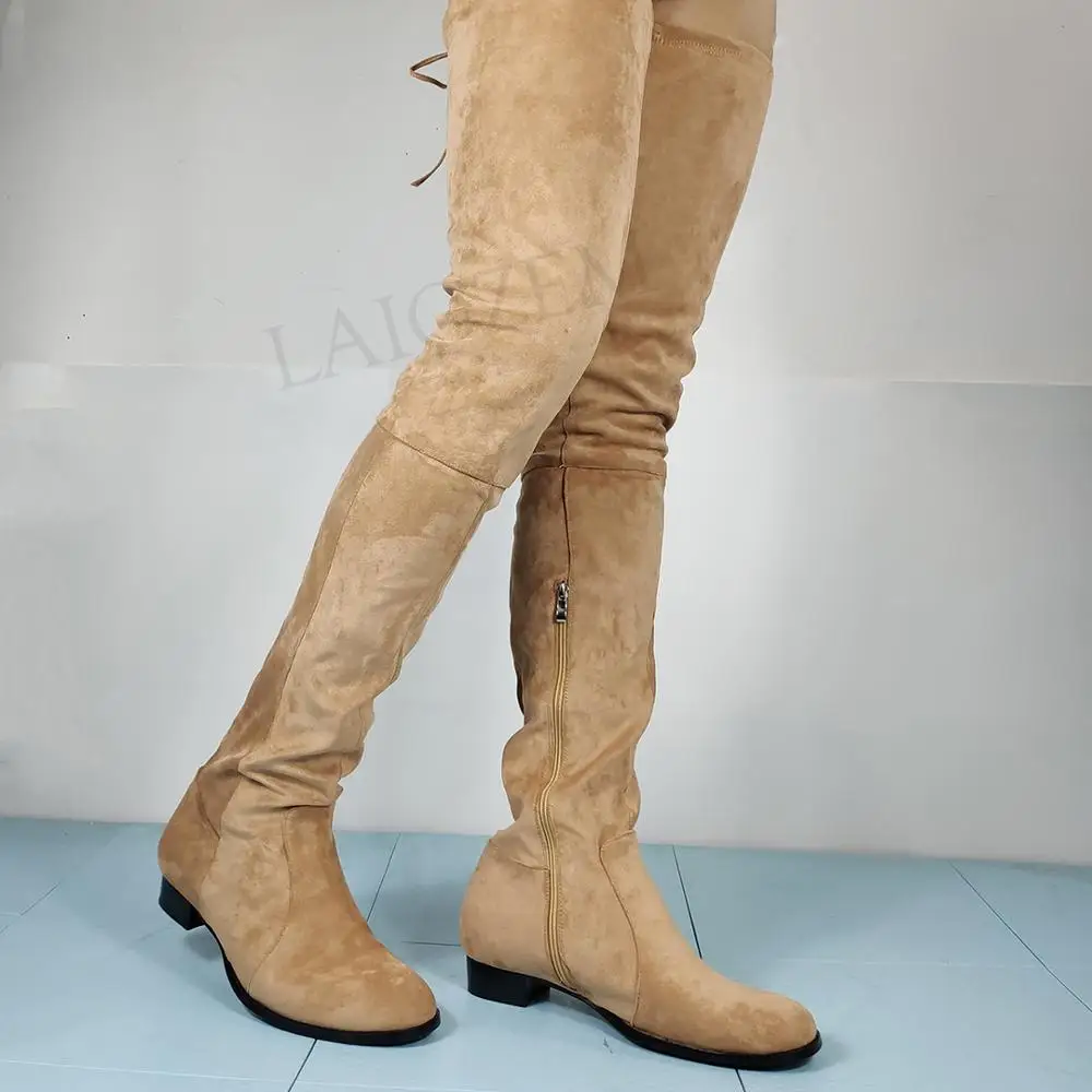 LAIGZEM Faux Suede Women Over Knee Boots Zip Low Heels Boots Thigh High Boots Comfortable Shoes Botines Botas Size 47 50 51 52