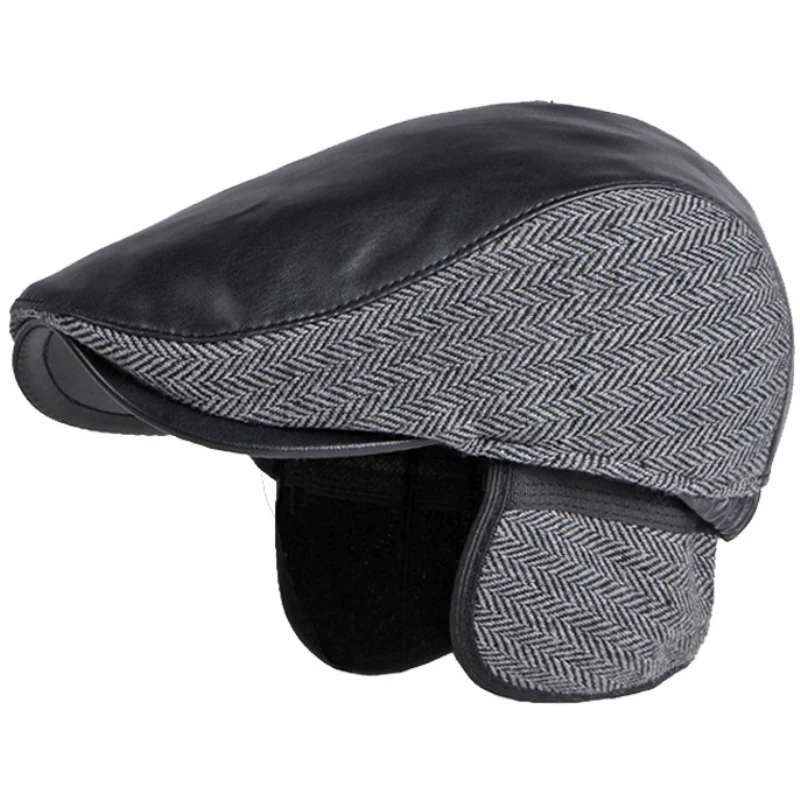 HT3745 Berets Men New Winter Hat Leather   Flat Cap Male Plus Size Beret Hat Vintage Beret Cap Dad Hats with Ear Flaps