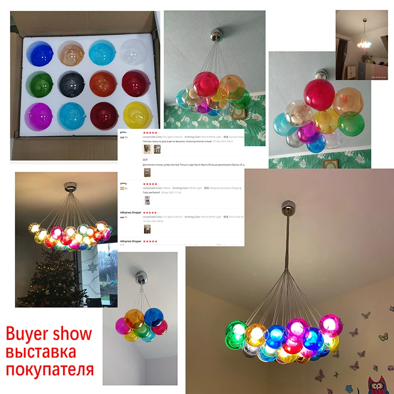 Creative Blown Glass Chandelier Light Clear Colorful Glass Sconces G4 LED Pendant Hanging Lamp Living Room Kids Room Droplights