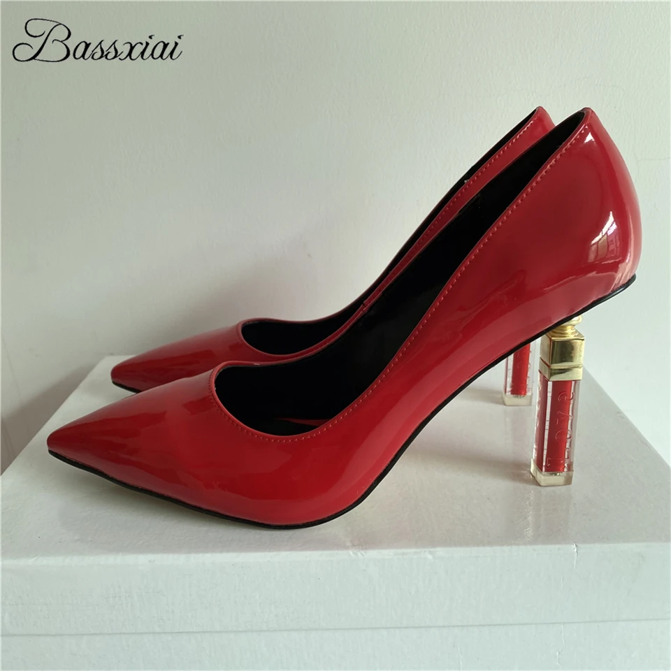 Carved Letter-Love Lipstick Heel Women Pumps Sexy Point Toe Slim High Heels Patent Leather Spring Dress Shoes Woman