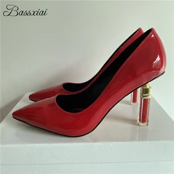 Carved Letter-Love Lipstick Heel Women Pumps Sexy Point Toe Slim High Heels Patent Leather Spring Dress Shoes Woman