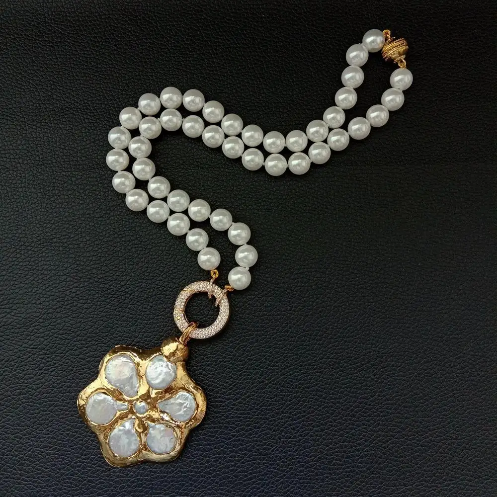 

22'' White Sea Shell Pearl Necklace Coin Pearl Gold color Plated freshwater pearls Flower Pendant necklace for women