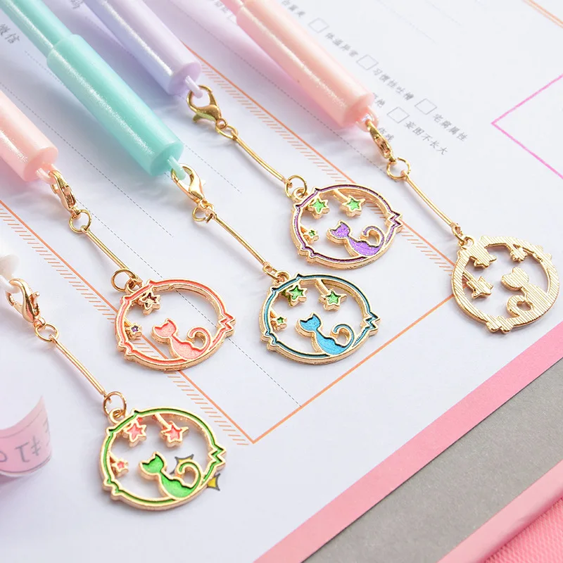 Stylo Gel créatif en métal avec pendentif chat, 24 pièces, joli pendentif en forme de cœur, cloche à vent, papeterie d'étudiant, stylo à eau pour Signature