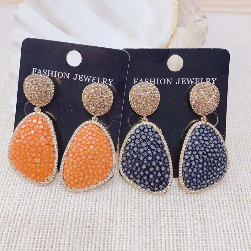 Fashion Earring Natural Hand Made Pearl fish Skin Rhinestone Bohemia personality Charm Dangle of Earring 24k Plated