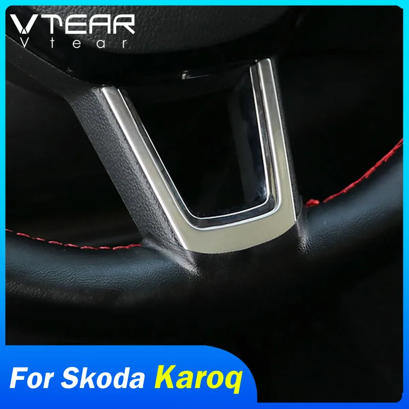 Vtear for Skoda Karoq Steering Wheel Trim Sequin Cover Chrome Emblem Insert Trim Cover Interior Parts Accessories Car-styling