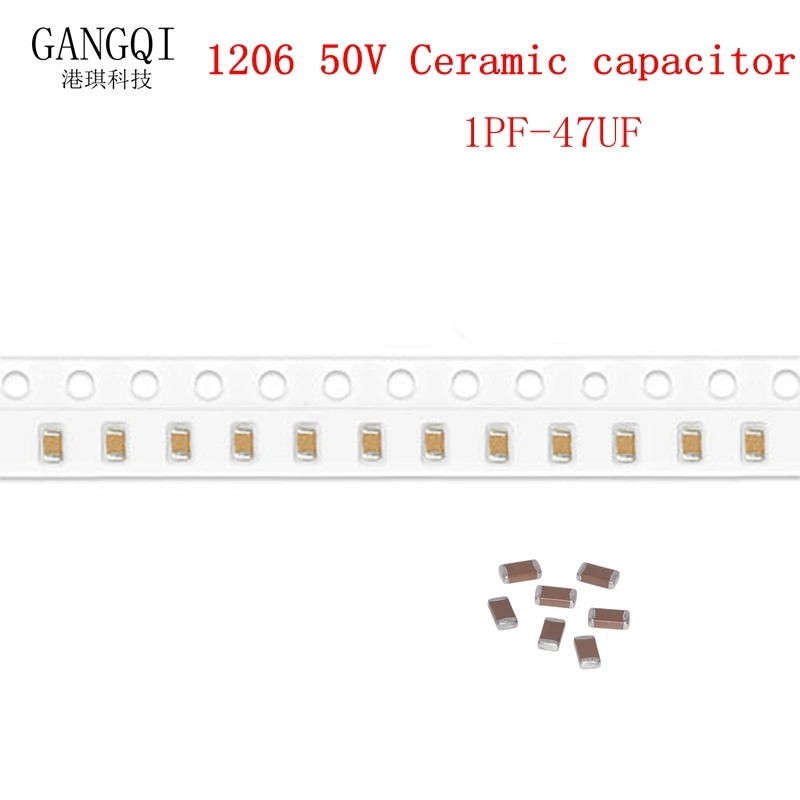 Capacitor cerâmico multicamadas da microplaqueta grossa do filme, SMD, 1206, 50V, 0.5pF-100uF, 10nF, 100nF, 1UF, 2,2 UF, 4,7 UF, 10UF, 1PF, 6PF, 2,2 UF, 4,7 UF, 100 PCes