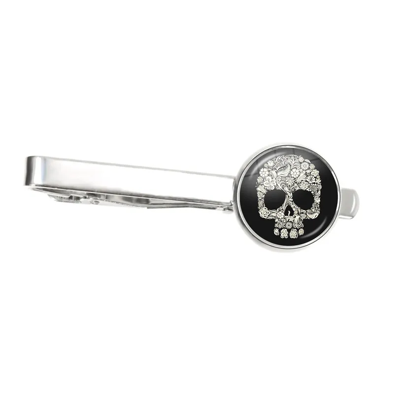 Vintage Skeleton Men Tie Clips Round Glass White Skull Design Tie Clips Wedding Gift Shirt Suit Fashion Jewelry Accessories