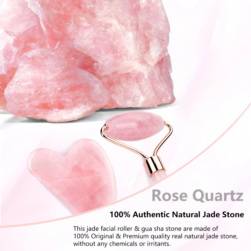 Natural Rose Quartz Jade Roller Gua Sha Set Facial Body Massager Roller Jade Stone Massage Set Face Lifting Beauty Massage Tool