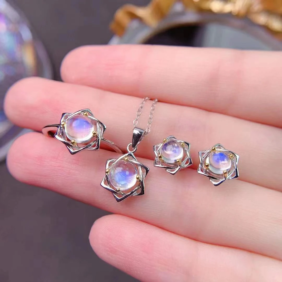 Newest Natural Moonstone Black Opal Jewelry Set Earrings Ring Necklace Real 925 Silver Fire Change  Moonlight Women Gift