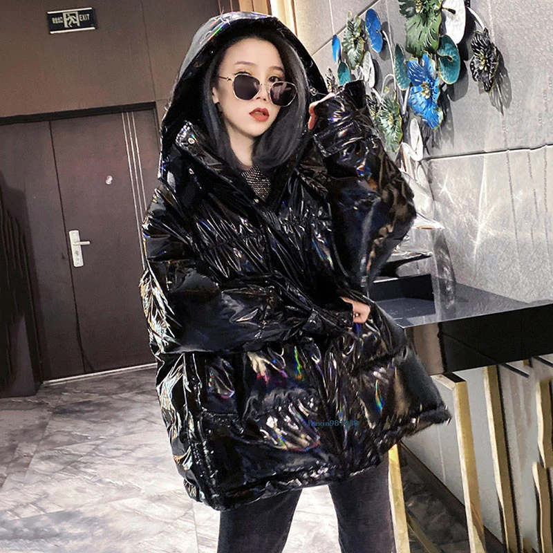 2022 New Hooded Glossy Winter Down Cotton Padded Jacket For Women Thick Bright Black Shiny Jacket black Parkas fashion MY312