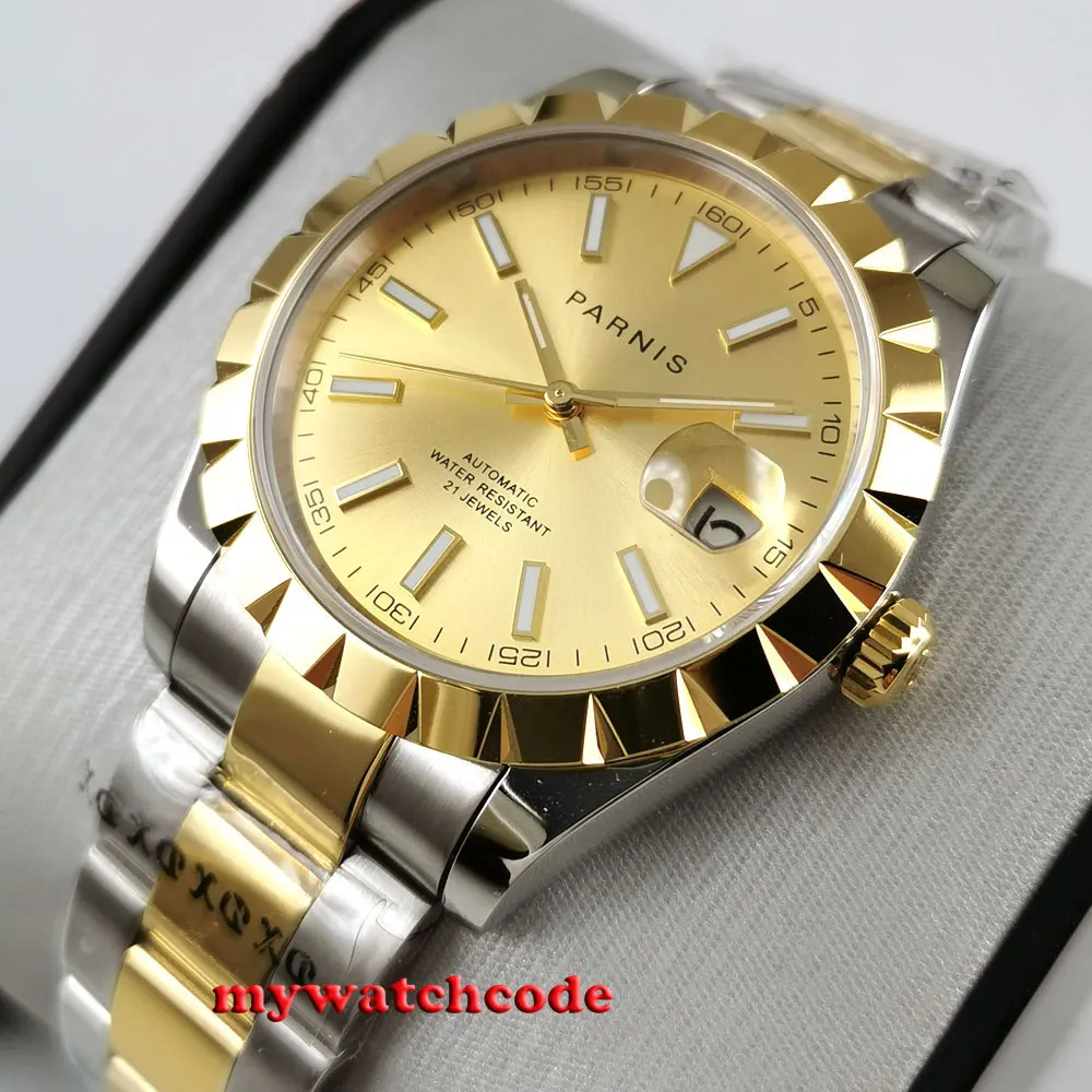 

39mm PARNIS golden dial miyota 8215 automatic mens watch sapphire glass date