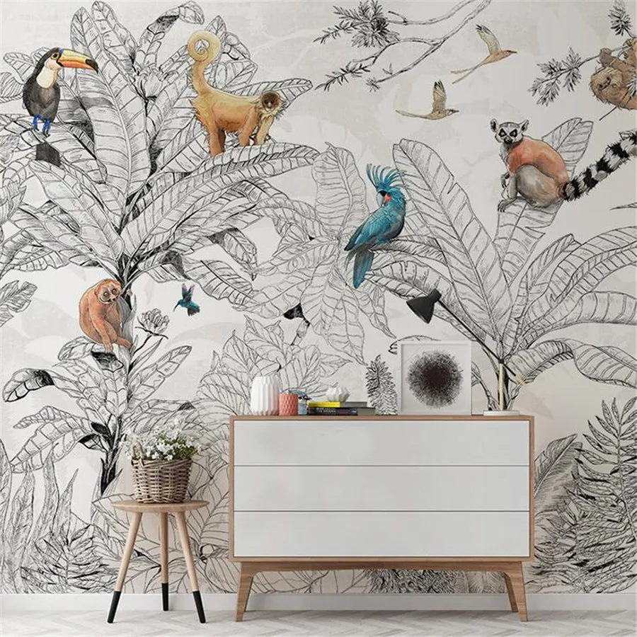 Custom 3D Wallpaper Mural Black And White Tropical Rainforest Animals And Plants  Living Room Background Wall Decoration